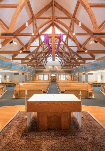 Interior of Immaculate Conception Church with Timber Trusses and Steel tie rods