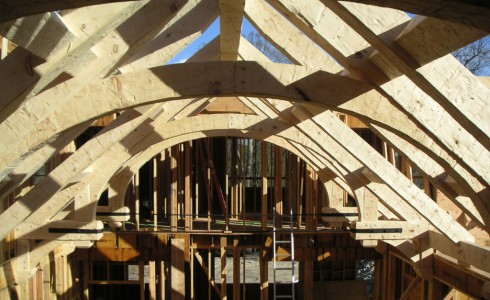 Looking through hand hewn trusses