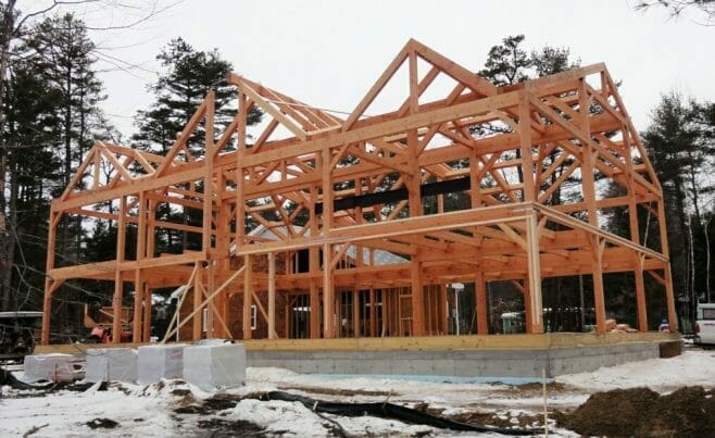 Post and beam frame for a home on a lake