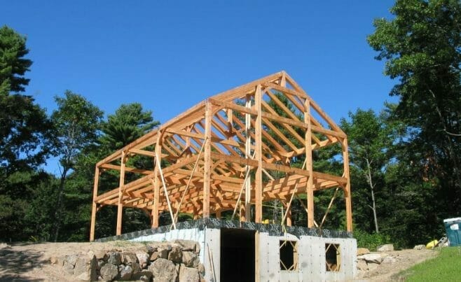 Post and beam timber frame with a walk out basement