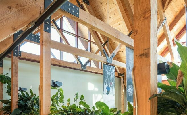 Heavy Timber Trusses with Steel plates and tie rods at the White Mountain National Forest Administration Complex