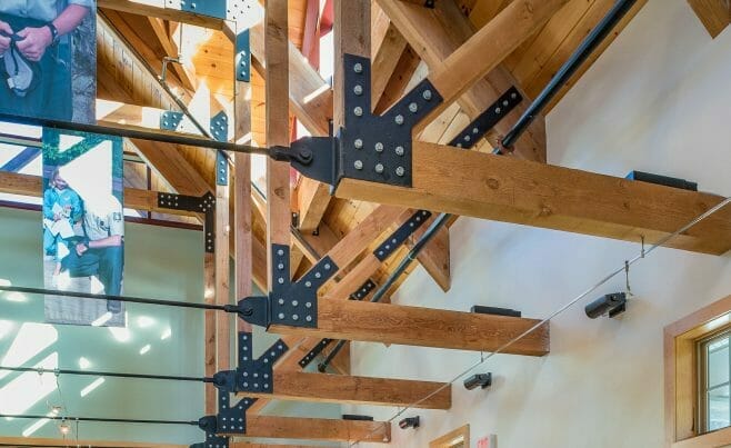 Heavy Timber Trusses with Steel plates and tie rods at the White Mountain National Forest Administration Complex