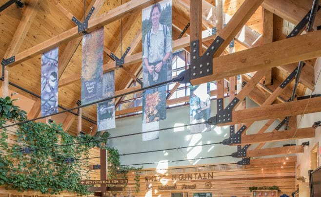 Heavy Timber Trusses with Steel plates and tie rods at the White Mountain National Forest Administration Complex