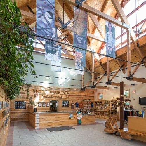 Heavy Timber Trusses with Steel plates and tie rods at the White Mountain National Forest Administration Complex