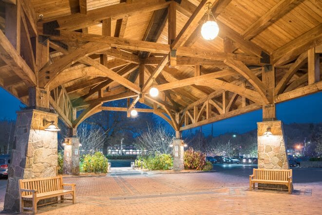 Porte Cochere Entry Way with massive wood beams | Doubletree Hotel in NY