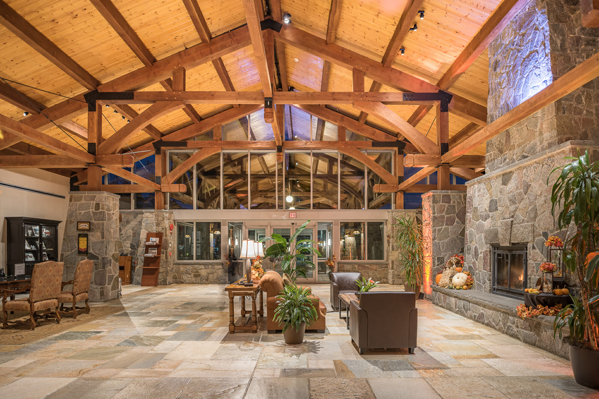 Interior of the Doubletree hotel Lobby with Timber Trusses and stone post bases.