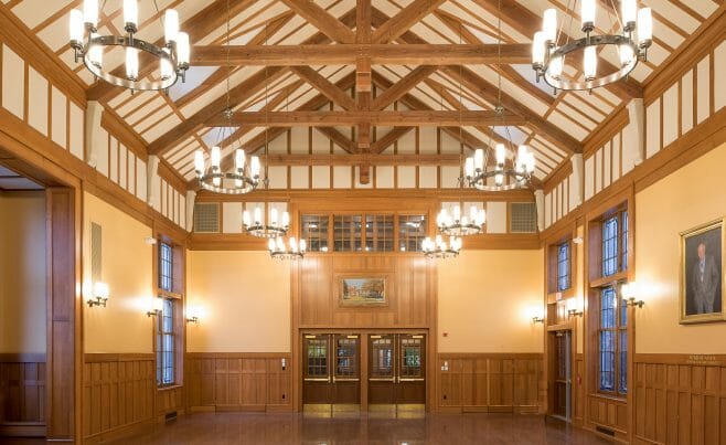 Interior of the Hackley School with Modified King Post trusses for an assembly room