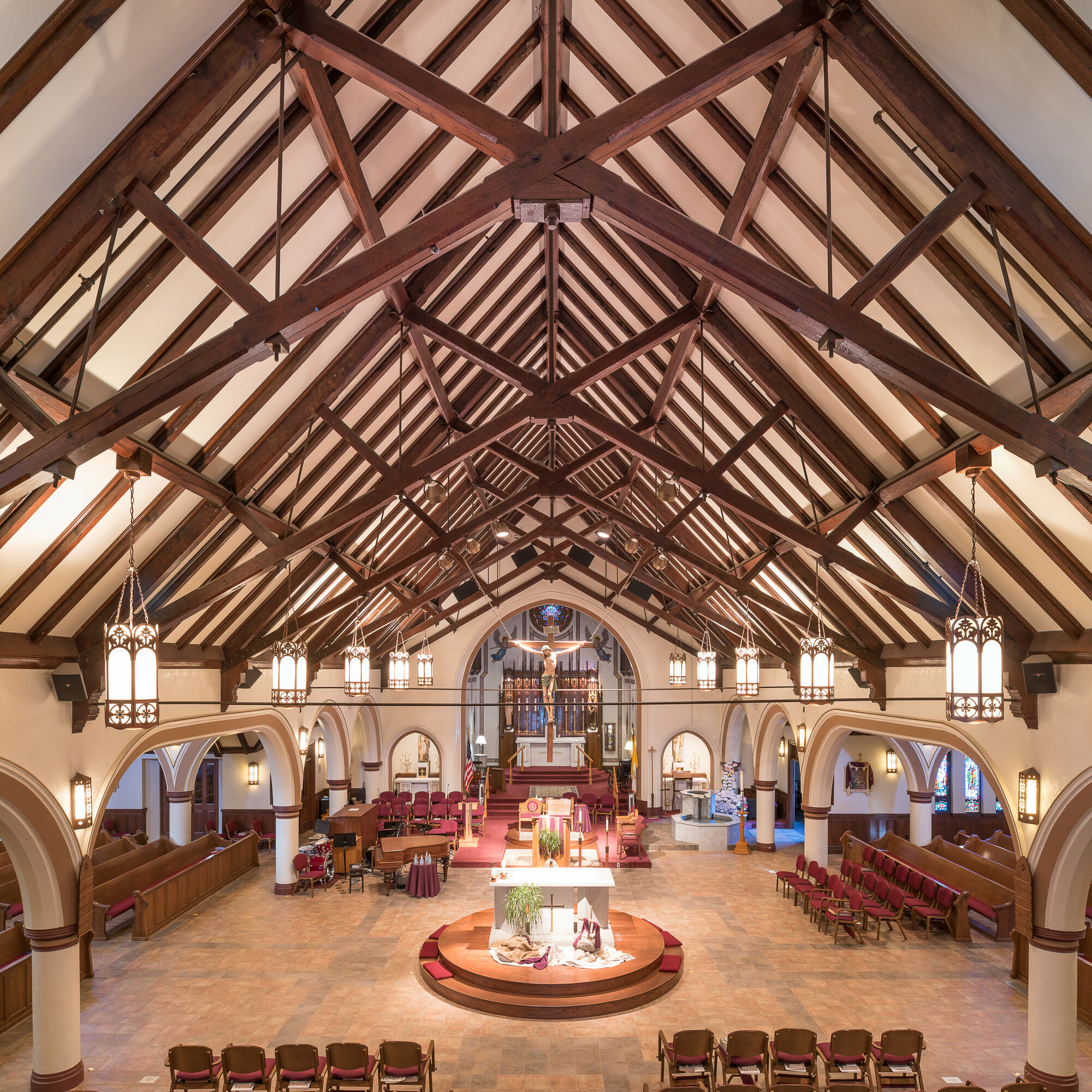 St. Catherine's Parish church in MA with Scissor trusses with steel tie rods