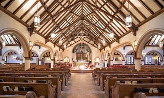 St. Catherine's Parish church in MA with Scissor trusses with steel tie rods