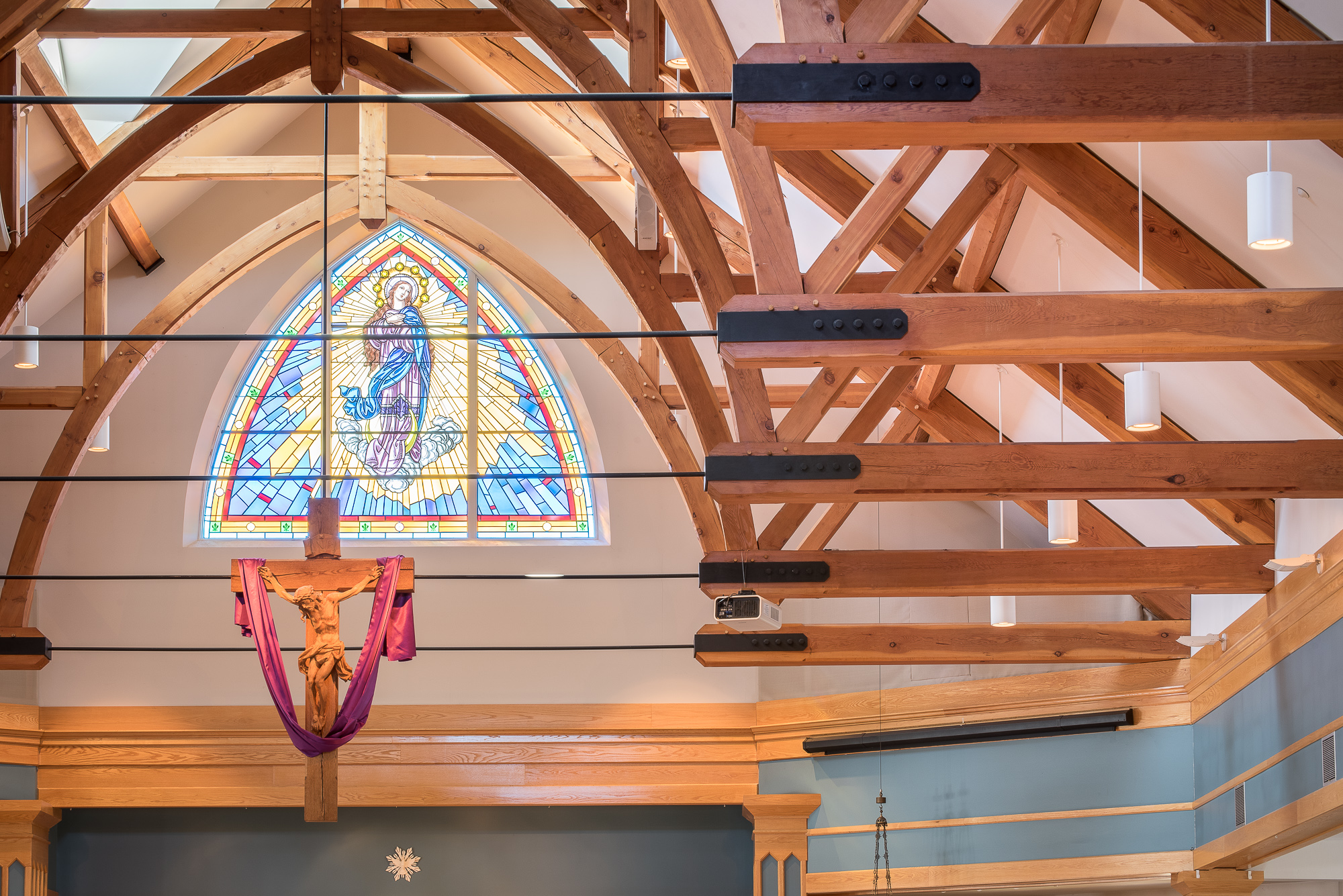 Interior of Immaculate Conception Church with Timber Trusses and Steel tie rods