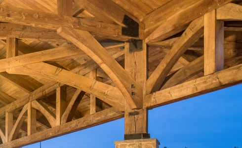 Heavy Timber Joinery and steel plate detail in the entry way for the Doubletree Hotel