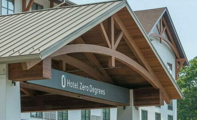 Heavy Timber Porte Cochere Entry Way at Hotel Zero Degrees in CT