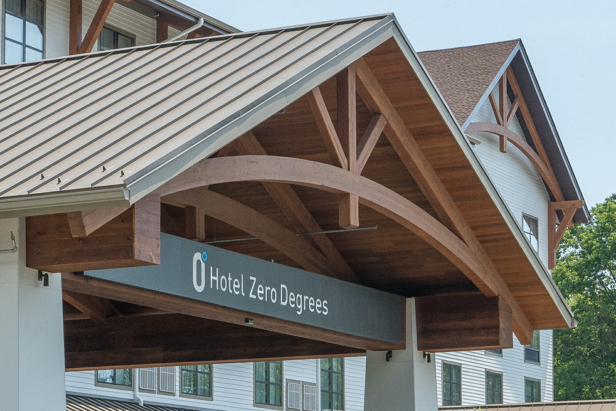 Heavy Timber Porte Cochere Entry Way at Hotel Zero Degrees in CT
