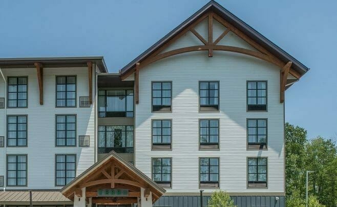 Heavy Timber Porte Cochere Entry Way at Hotel Zero Degrees in CT