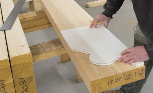 The Scrolls being fabricated for the Timber Frame Porte Cochere at the Mahamudra Buddhist Hermitage