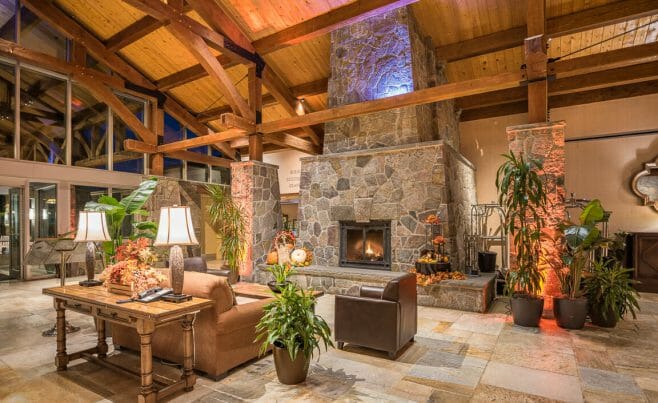 Double Tree Hotel heavy timber frame and fireplace