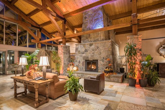 Double Tree Hotel heavy timber frame and fireplace