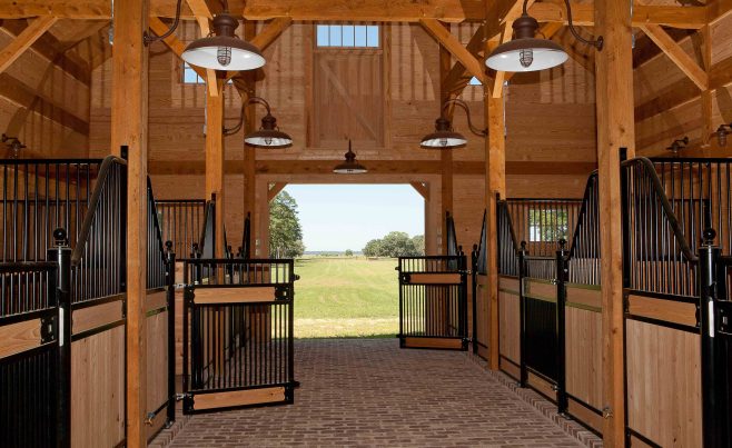 Timber framed barn stalls and custom stall hardware