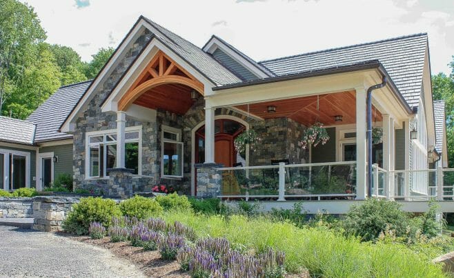 Porch with wood beam trusses