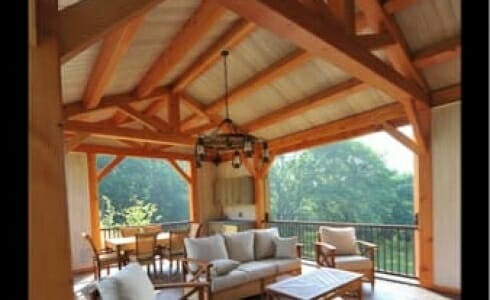 Modern rustic interior of a completed Timber Frame Pool house in New Jersey
