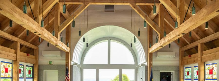 Interior of the Vermont Veterans Memorial Chapel. This church was made with Hemlock and Pine and features Girder Trusses.
