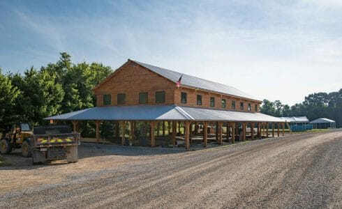 60x120' Timber Frame Dining Hall Pavilion with Trusses with Steel Plates under construction at the Bechtel Reserve home of the National Boy Scouts Jamboree