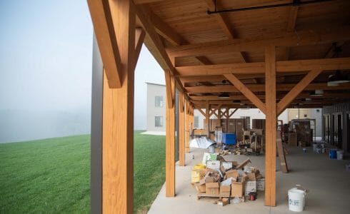 Timber frame dining pavilion under construction