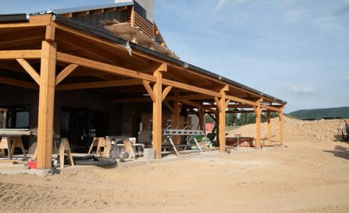 Timber frame dining pavilion under construction at the Bechtel Summit in West Virginia home of the National Boy Scout Jamboree, leadership training, and Adventure Camp.