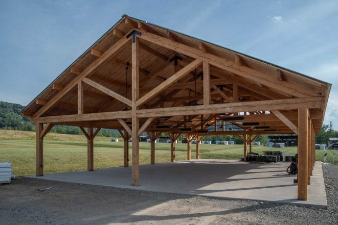 40'x60' Timber frame pavilion at the Bechtel Summit in West Virginia home of the National Boy Scout Jamboree, leadership training, and Adventure Camp.