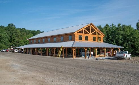 60'x120' Timber Frame Dining Pavilion with Trusses with Steel Plates under construction at the Bechtel Reserve home of the National Boy Scouts Jamboree