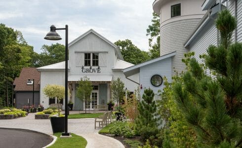 Exterior of the Briar Barn Inn in Rowley, MA. Timber frame built by Vermont Timber Works in the Monitor Barn Style.