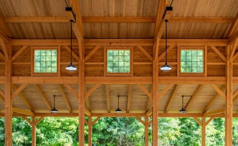 Timber Framed Clerestory with Exposed Wood Beams and Awing Windows