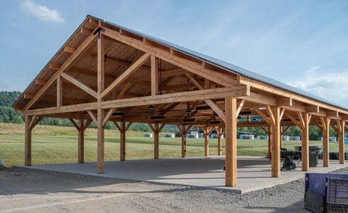 40'x60' Post and Beam Open Air Pavilion in the afternoon sunlight