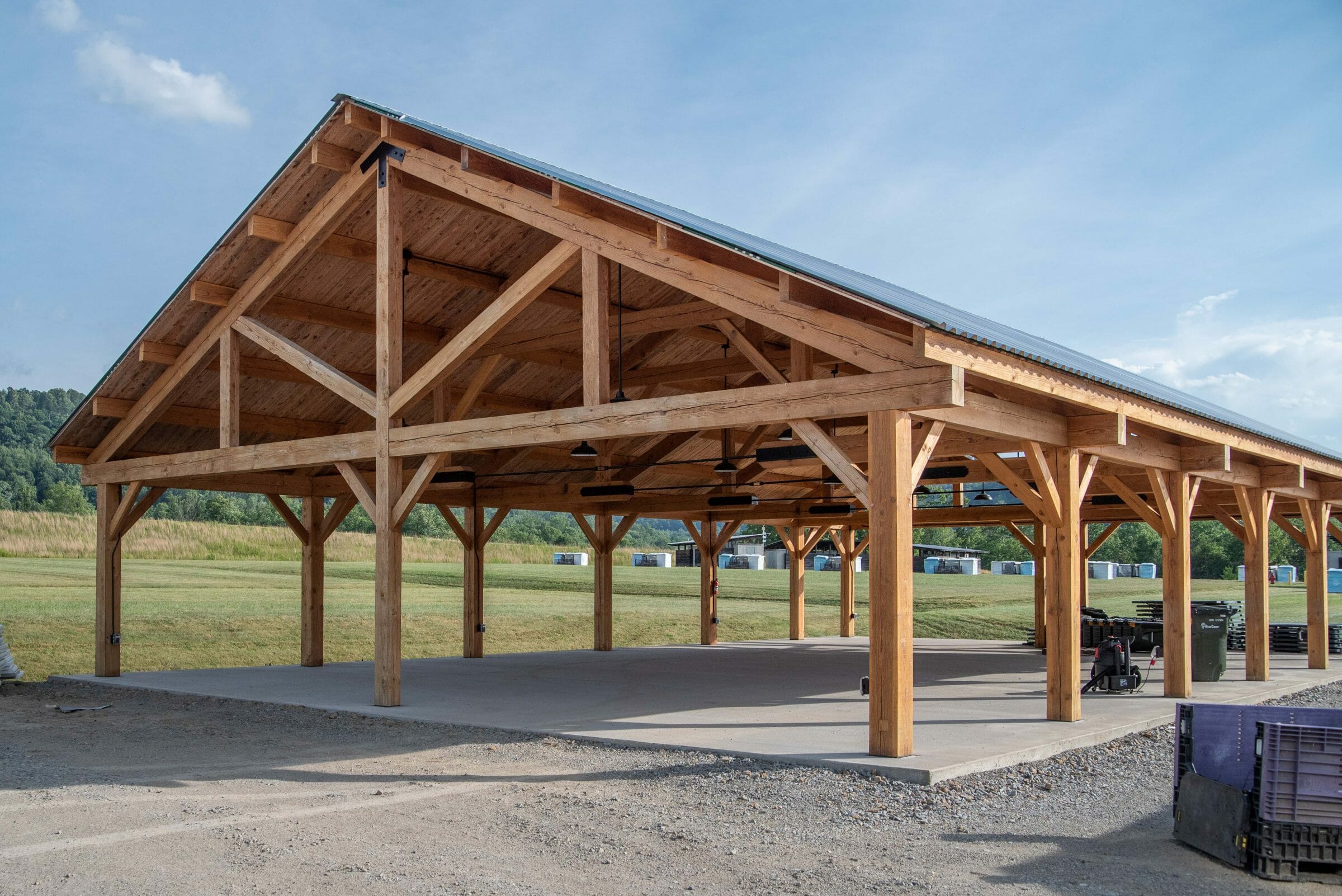 40'x60' Post and Beam Open Air Pavilion in the afternoon sunlight