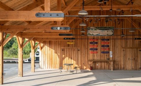 40'x68' Post and Beam Pavilion with the sunlight shining in