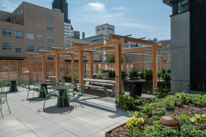 The Hamilton Pergola in Philadelphia, PA features a White Oak Pergola with Aluminum capping.