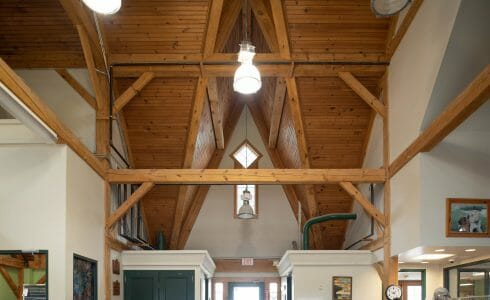 The Lobby of the True Friends Animal Welfare Center with Timber Trusses and beams in Montrose, PA