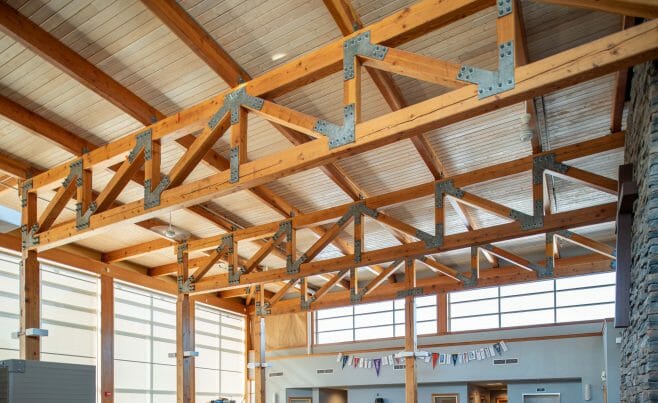 The Concord Christian Academy (previously the Centennial Senior Center) features cathedral ceilings and timber girder trusses.