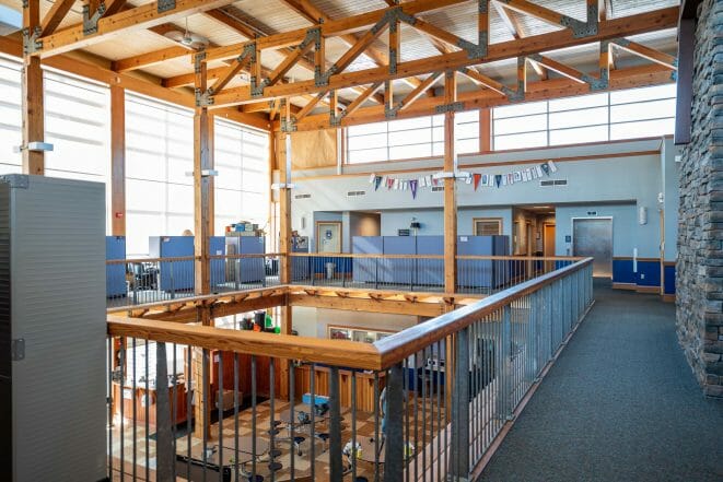 The Concord Christian Academy (previously the Centennial Senior Center) features cathedral ceilings and timber girder trusses.