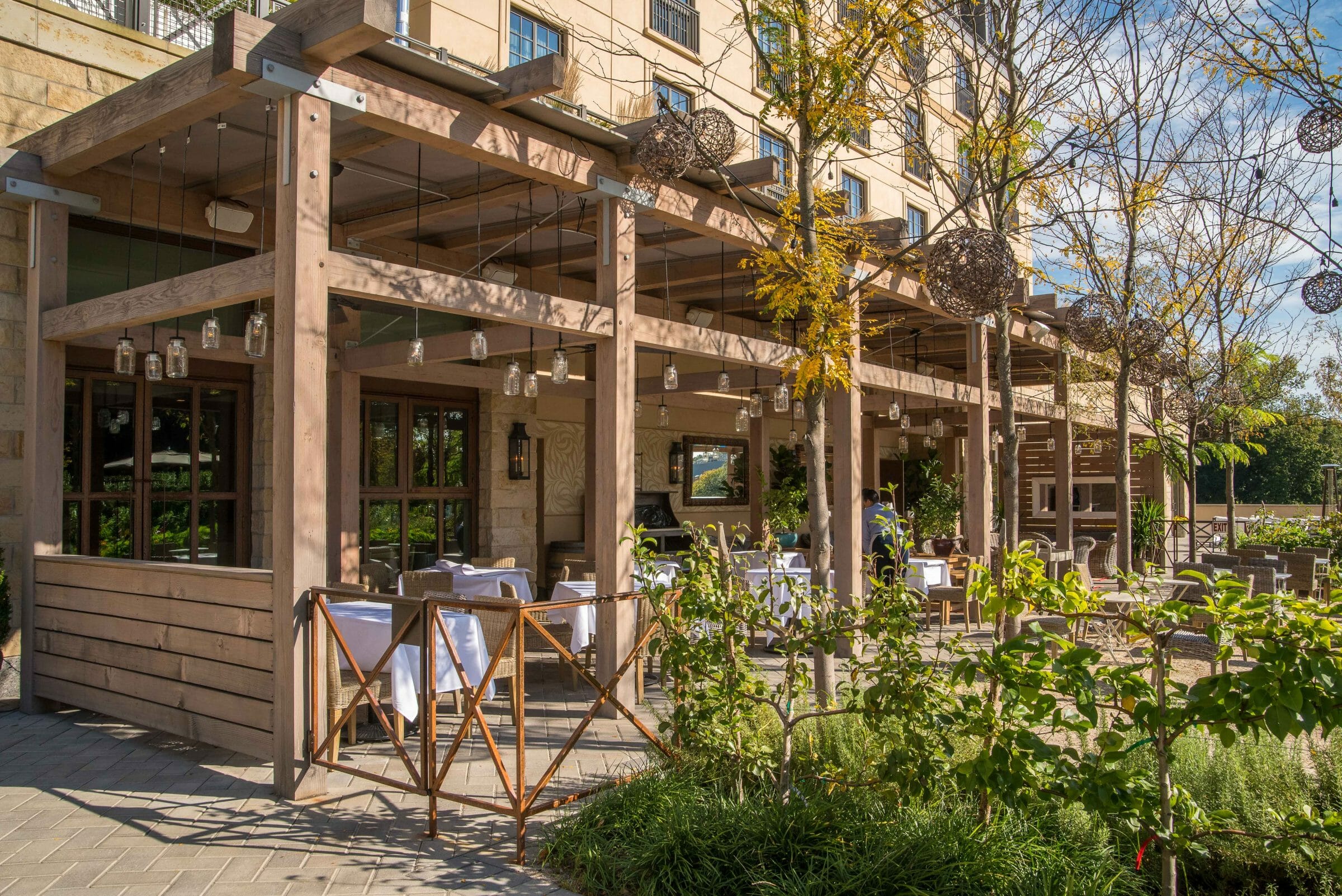 The Delamar Hotel Pergola Outdoor Dining and Seating Area in Hartford, CT