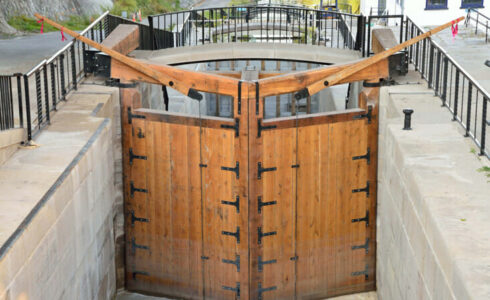 Mitered timber framed lock gate