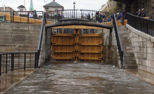 The timber framed side of the lock gates down stream