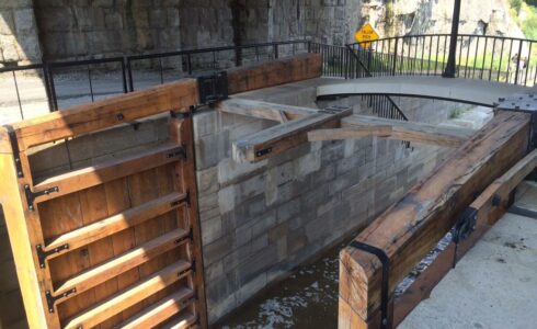A timber framed lock gate in the open position