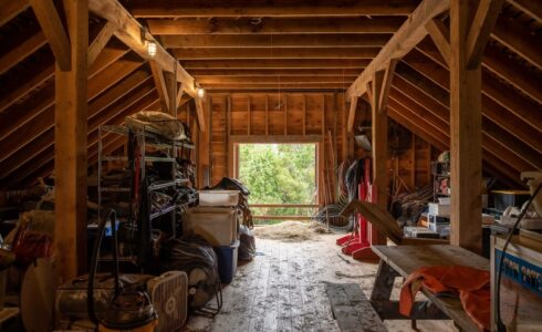 Hay loft in Timber Frame horse barn. Osprey Horse Barn Weathered Cedar Siding on Martha's Vineyard