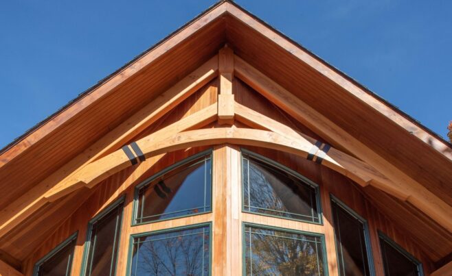 Detail of a wood gable truss with iron straps