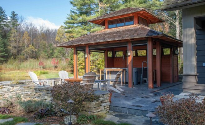 Timber Frame Hot Tub Pavilion overlooking the pond