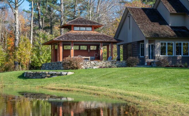 Timber Frame Hot Tub Pavilion overlooking the pond
