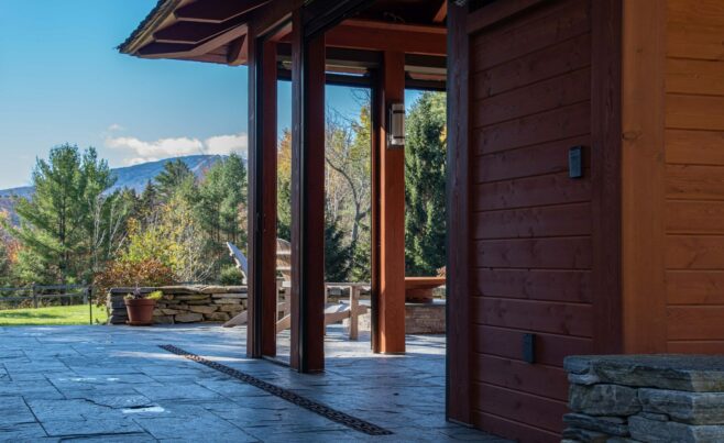 Timber Frame Hot Tub Pavilion overlooking the pond