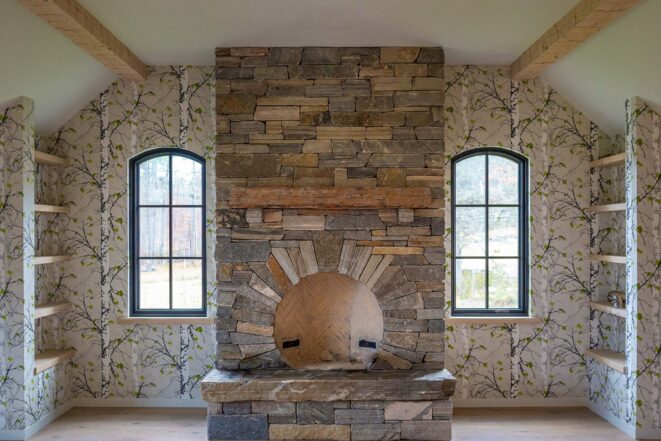 Interior of a home in New Hampshire with Hand Hewn Beams