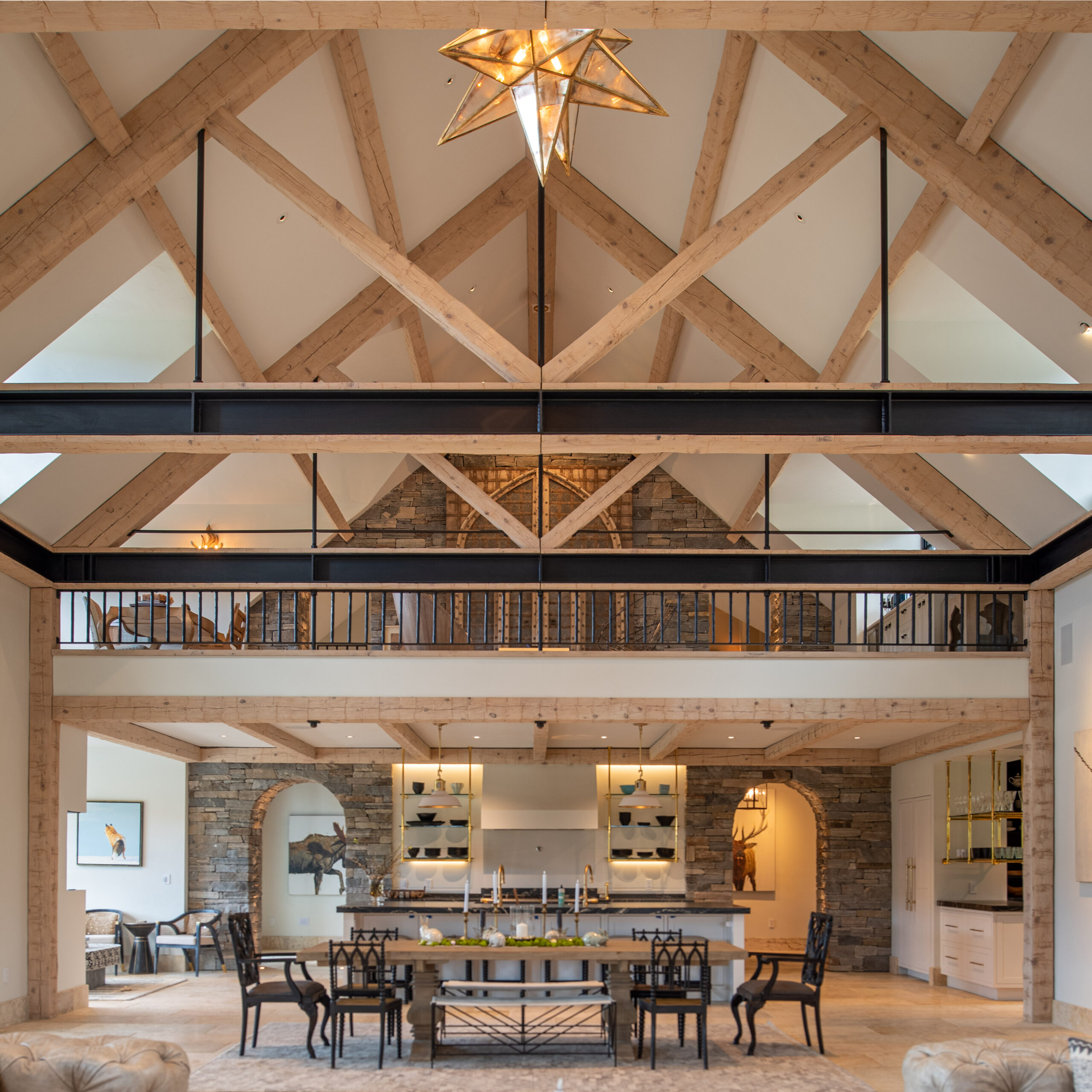 Timber frame with steel beams and steel rods
